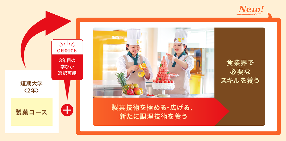 卒業後3年目の学びが選択可能。製菓技術を極める・広げる、新たに調理技術を養う、食業界で必要なスキルを養う。